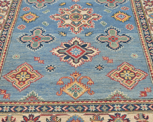 4x6 Blue Kuba Afghan Hand Knotted Wool Area Rug